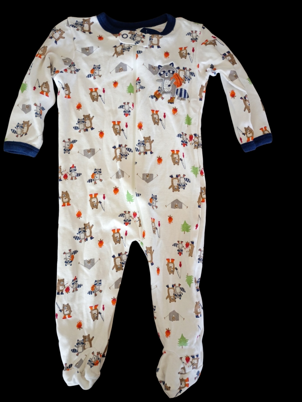 Cream Baby One-Piece Pajamas with Woodland Raccoon Print